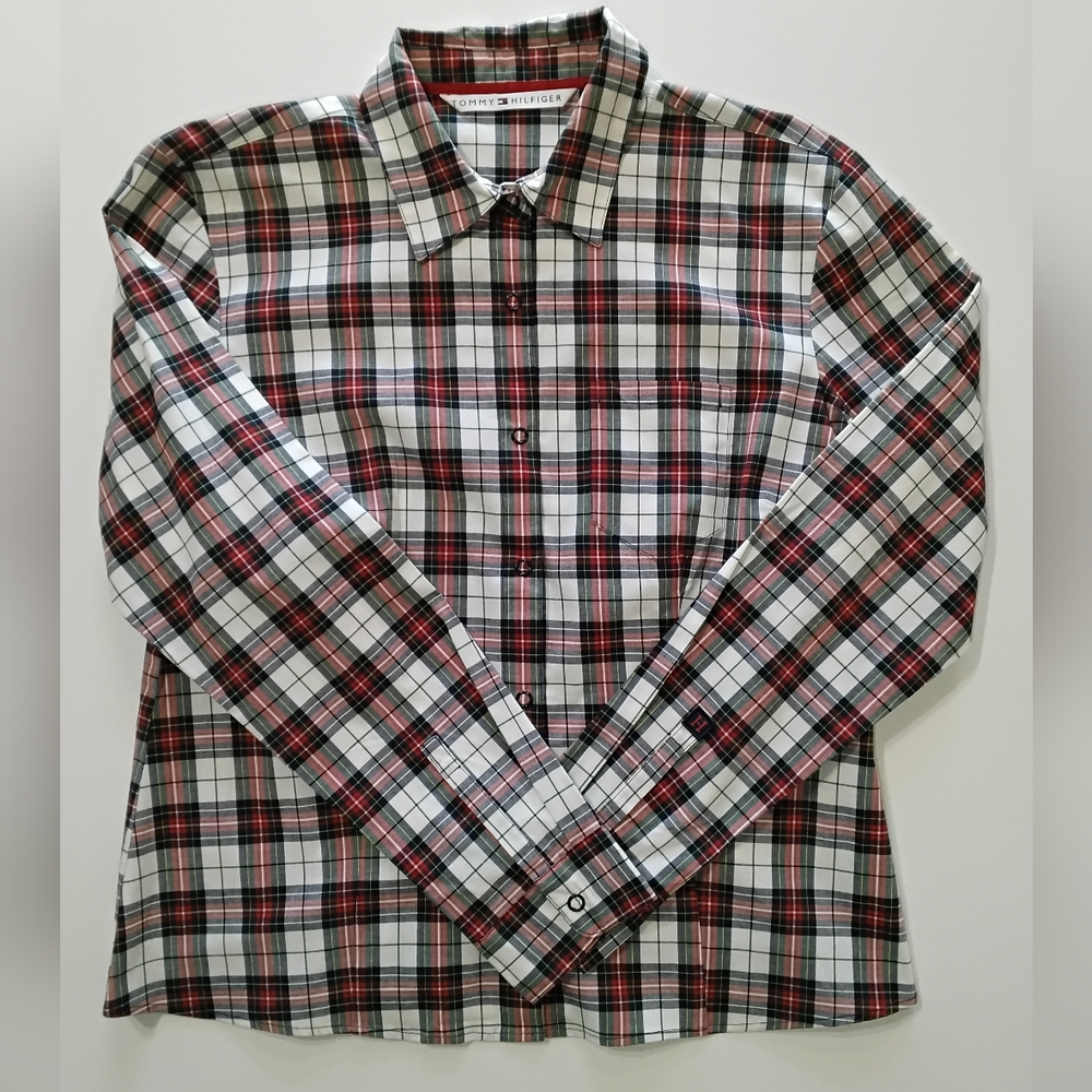 Tommy Hilfiger Snap Button Shirt Boys 8 Red Grey Plaid‎ Classic Kids Formal Wear